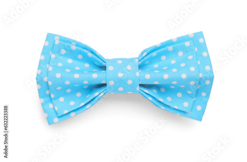 Stylish light blue bow tie with polka dot pattern on white background, top view