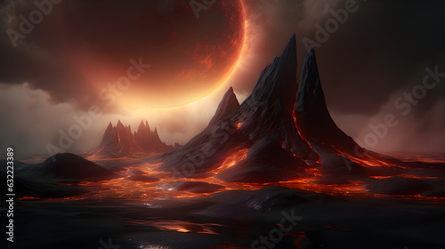 Generative AI image of red hot lava, red moon, on a distant alien planet, molten magma flows onto solidified black lavafield and rocky land near volcano eruption, HD background wallpaper photo