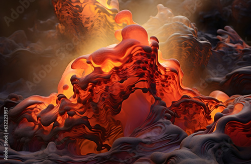 Generative AI image of red hot lava, molten magma flows onto solidified black lavafield and rocky land near volcano eruption, HD background wallpaper photo
