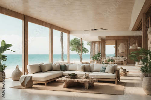Hermoso diseño de interiores y terrazas en un complejo, área de estar, espacio abierto, diseño de balcón con naturaleza, playa oceánica y fondo de palmeras, fondo de mar turqueza