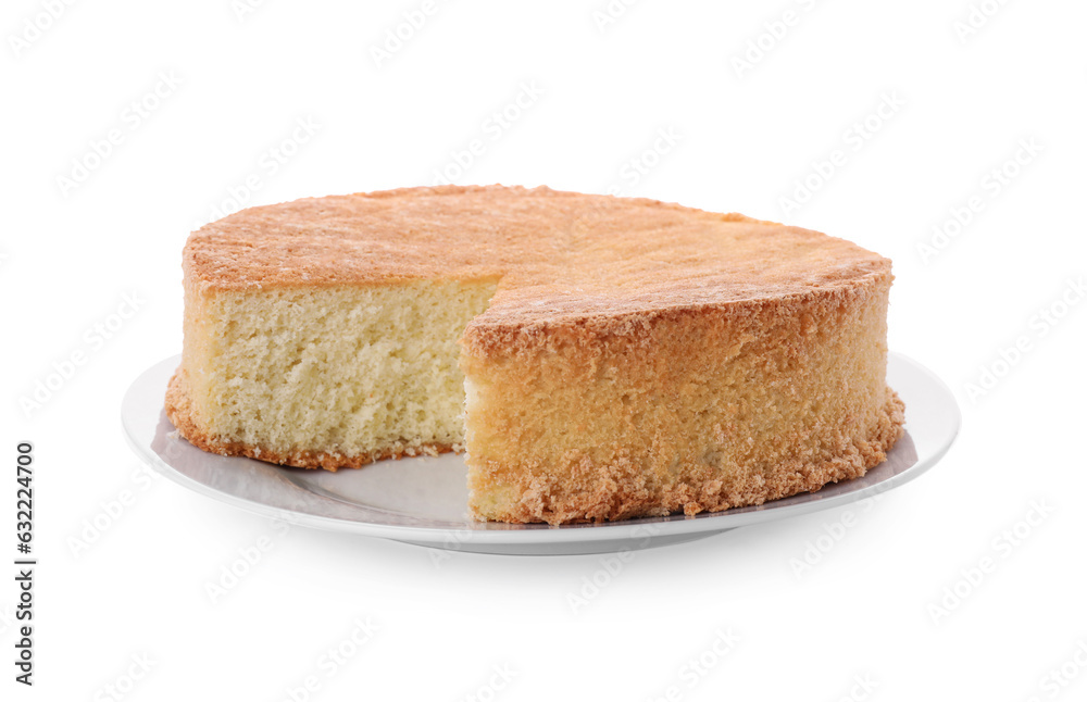 Plate with tasty sponge cake isolated on white Plate with tasty sponge cake isolated on white