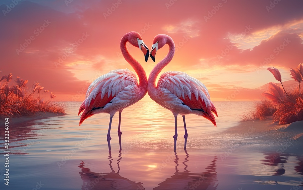 Fototapeta premium Two flamingos in the water at the sunset sky.