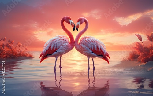 Two flamingos in the water at the sunset sky.