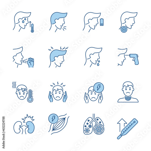 Coronavirus symptoms related vector icons set. Contains such Icons as headache, fever, high temperature, pneumonia, sore throat, cough, muscle pain, kidney failure, lungs Infection, fatigue