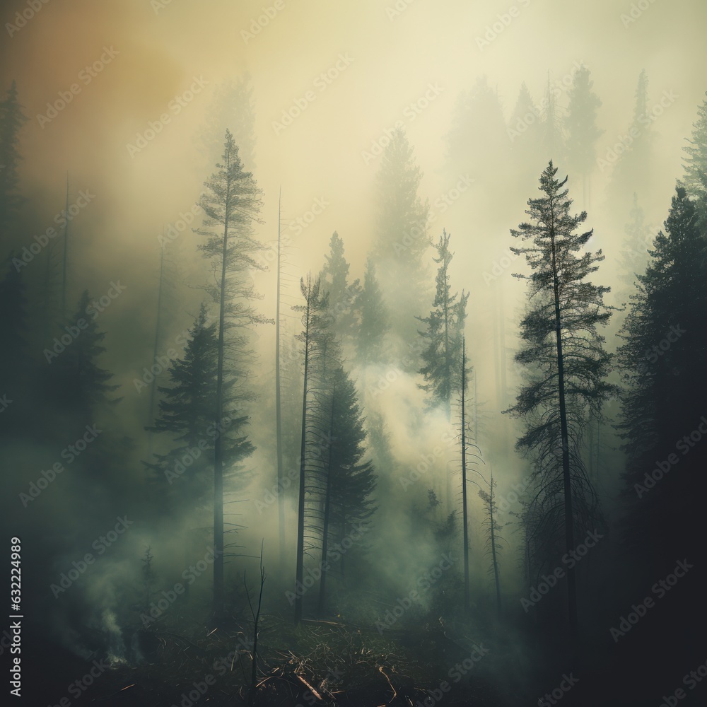 The forest is filled with thick smoke from a forest fire. Generative AI The forest is filled with thick smoke from a forest fire. Generative AI