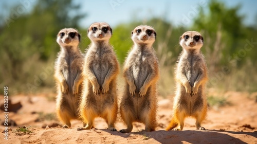 Curious meerkats stand alert on their hind legs, diligently watching for any signs of danger.