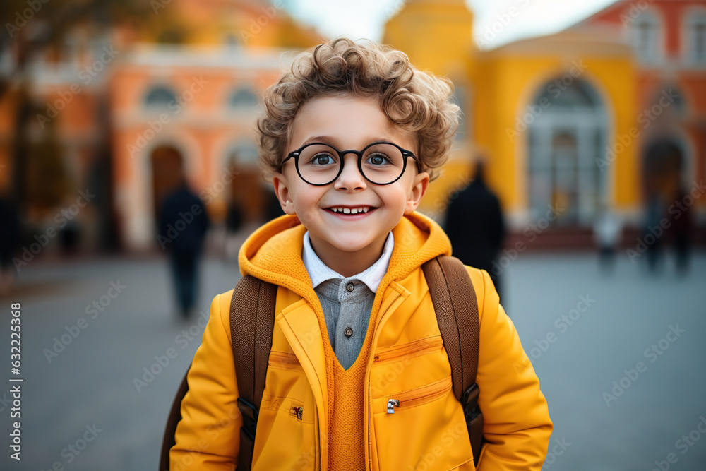Obraz premium Boy in glasses is going to school for the first time. Child boy with bag go to elementary school. Child of primary school. Pupil go study with backpack. Back to school