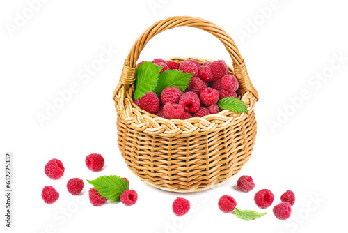 Fototapeta Naklejka Na Ścianę i Meble -  Ripe raspberries in wicker basket isolated on white background