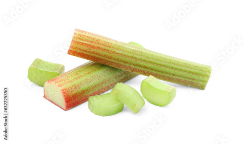 Foto Cut fresh ripe rhubarb on white background
