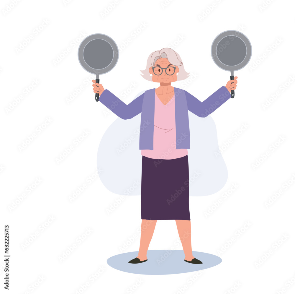 Joyful Granny Holding Pan. Confident Senior Woman with Cooking skill. Flat vector cartoon illustration Joyful Granny Holding Pan. Confident Senior Woman with Cooking skill. Flat vector cartoon illustration