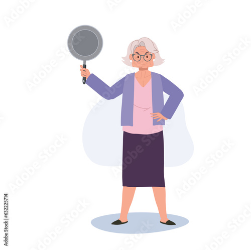 Joyful Granny Holding Pan. Confident Senior Woman with Cooking skill. Flat vector cartoon illustration