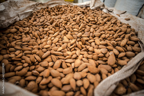 Almonds during the manufacturing process in a modern factory.
