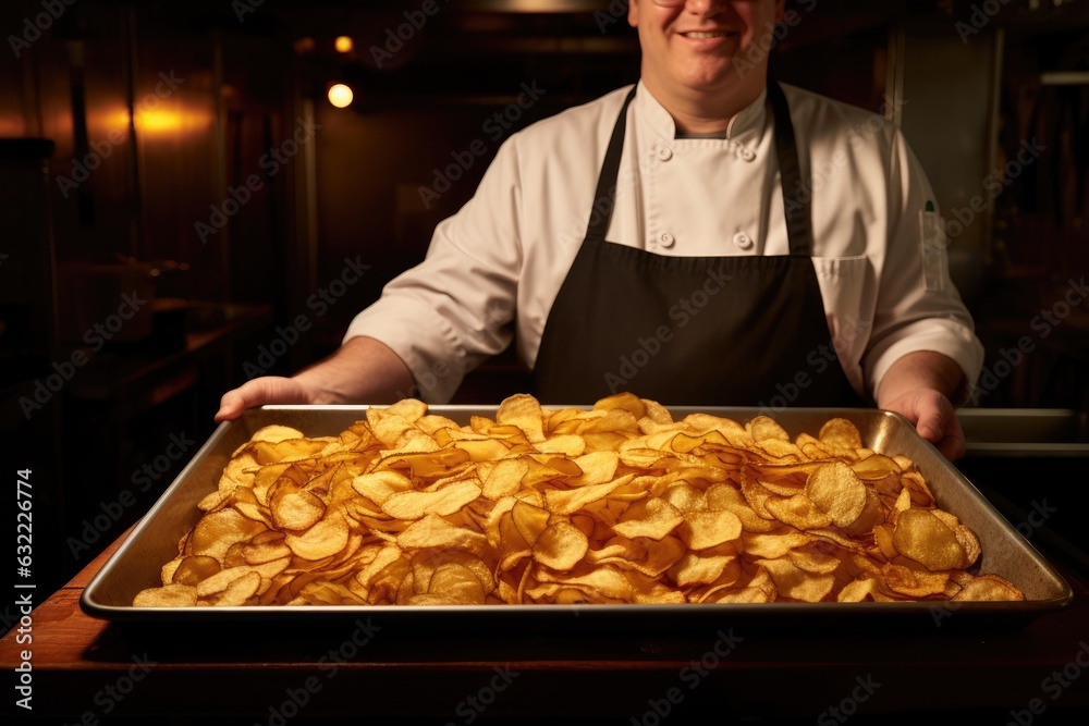 Chef holding a tray full of fried crispy potatoes inside a kitchen