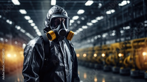 Chemical specialist wear safety uniform and gas mask inspecting chemical leak in industry factory