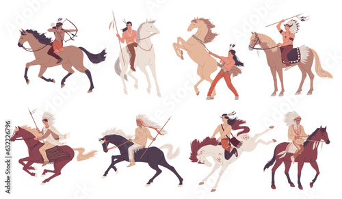 Set of American Indians on horses flat style, vector illustration