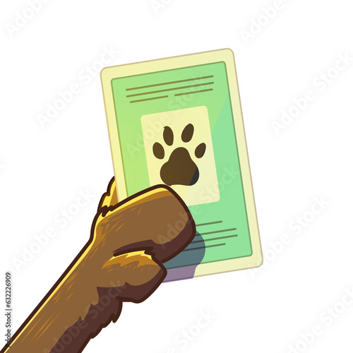 Ilustração estilo cartoon de pata de cachorro segurando documento de identidade canina. Patinha de animal segurando documento. Arte de documento animal. Identidade de pet. photo