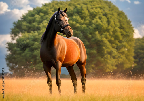 A brown horse stands in a clearing against the background of trees in nature
