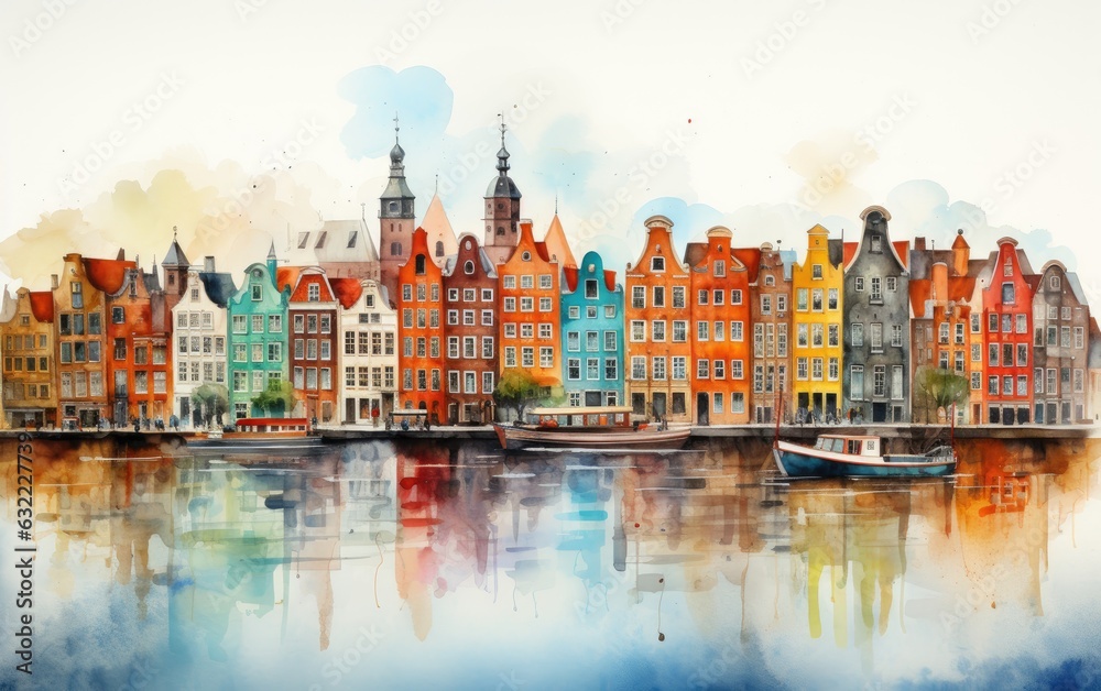 Obraz premium Watercolor of the city canal in the country.