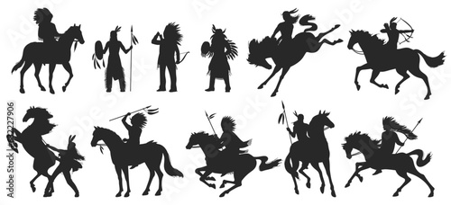 Set of black silhouettes of American Indians on horseback flat style