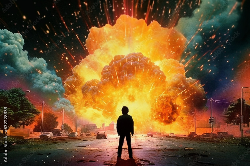 In a dynamic film frame, an action movie hero stands resolutely against a backdrop of explosive chaos, capturing the intensity and bravery of a cinematic moment