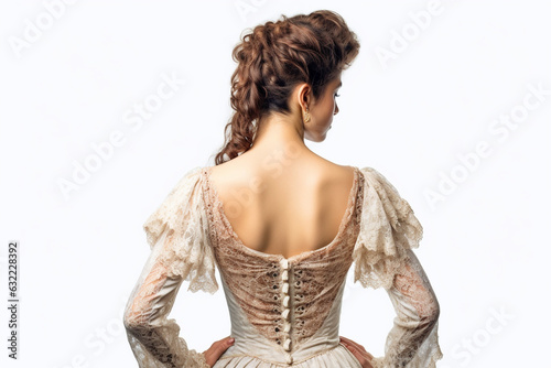 Beautiful woman in Victorian epoch dress on white backgorund, isolated photo