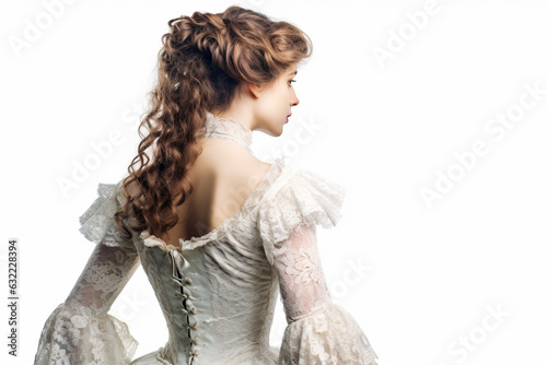 Beautiful woman in Victorian epoch dress on white backgorund, isolated