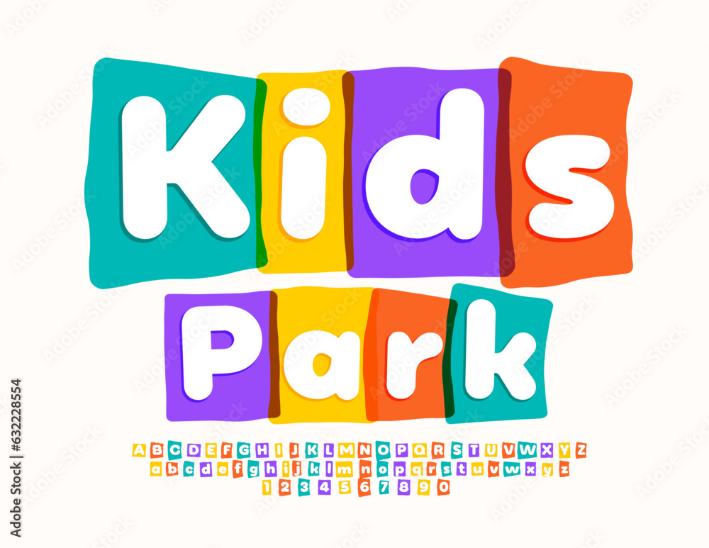 Vector trendy sign Kids Park with set of bright Alphabet Letters, Numbers and Symbols. Childish artistic Font Vector trendy sign Kids Park with set of bright Alphabet Letters, Numbers and Symbols. Childish artistic Font