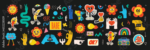 Groovy hippie stickers set. Comic happy retro girls, geometric stickers, characters in trendy retro 60s 70s cartoon style. Vintage vector illustrations.