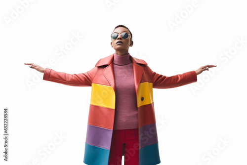 In a chic and vibrant scene, a stylish woman donning sunglasses and bright clothes stands against a white background, exuding confidence and contemporary fashion flair.