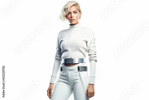 Stylish blonde in futuristc clothes on white background © Simonforstock