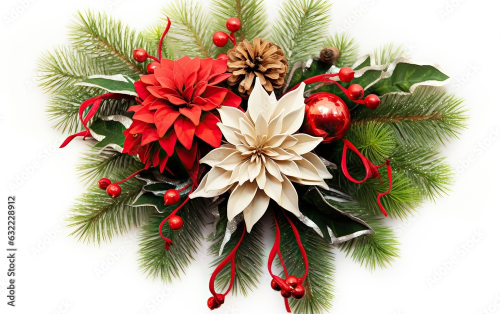 Festive congratulatory banner comprises Creative Christmas bouquet of fir branches in the shape of a Christmas tree on white background Festive congratulatory banner comprises Creative Christmas bouquet of fir branches in the shape of a Christmas tree on white background