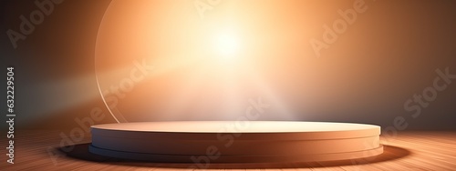Round wooden podium with beautiful backlighting and haze in delicate pastel golden brown tones