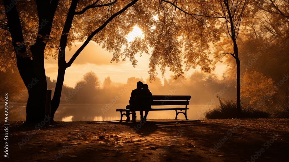 Silhouette of Two Lovers in a Park, Generative AI Silhouette of Two Lovers in a Park, Generative AI