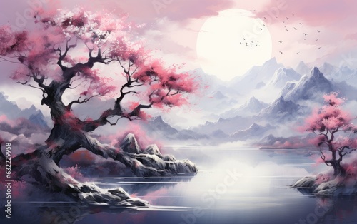 Watercolor landscape with blossoms.