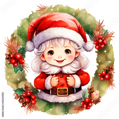 Cute Santa Claus Surrounded by Christmas Wreath Watercolor Clipart isolated on Transparent Background. Santa Girl Clipart. 