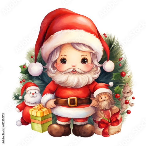 Cute Santa Claus Surrounded by Christmas Wreath Watercolor Clipart isolated on Transparent Background. Santa Boy Clipart.