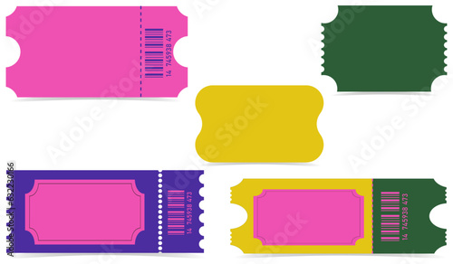 Set of five blank tickets. Colorful ticket mockups for circus, concert, certificate, boarding, lottery, movie and coupon