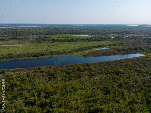 Aerial view of a lagoon at the huge river and lifeline Rio Paraná in the Province Entre Rios in the Argentinian Mesopotamia - Traveling South America