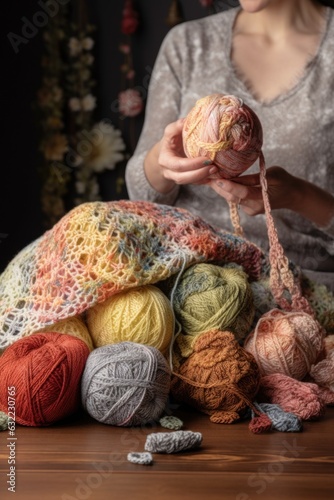 crocheting, crotchet and woman with a ball of yarn for hobby making a blanket at home
