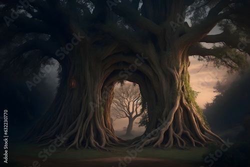 Enter the mystical realm of dreams and nightmares through the enchanted doorway of two wise old trees, a captivating fusion of reality and fantasy © Pamoda