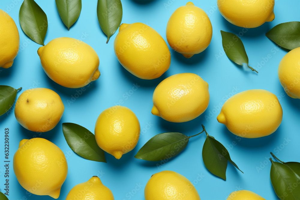 Top view of lemon fruits on blue background