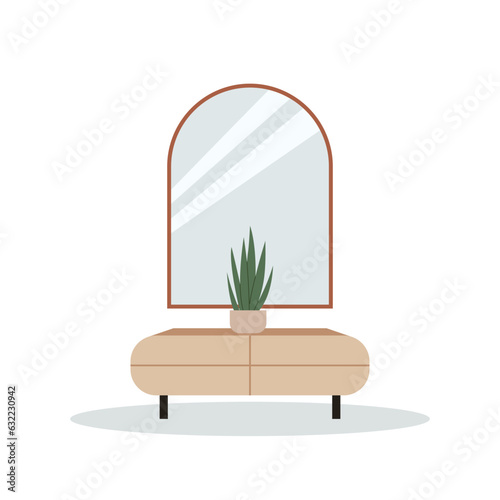 Cabinet with mirror and home plant Vector flat illustration on isolated background. Scandinavian or japandi style interior furniture and decor