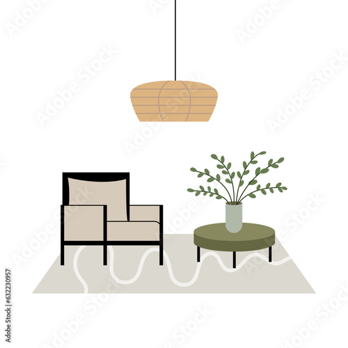 Modern living room vector illustration with armchair, table, plant and chandelier. Interior design and furniture in minimalist style