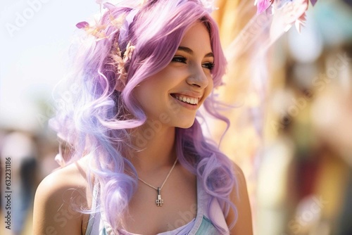 Portrait of woman with Halloween fairy costume with pastel purple hair