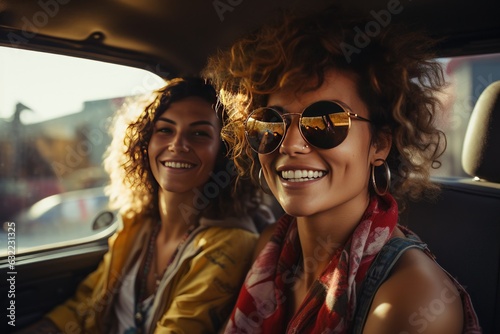 Two woman LGBT Road trip in the car with happy moment.