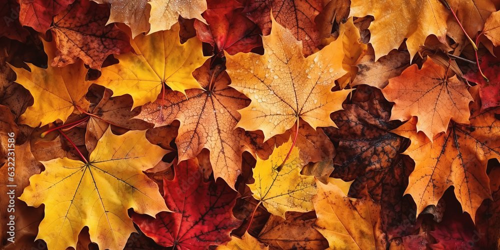 orange autumn background with fallen golden maple leaves. Generative AI orange autumn background with fallen golden maple leaves. Generative AI