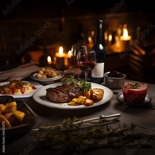 Delicious rare cooked steak and potatoes with a glass of wine for dinner. Generative AI