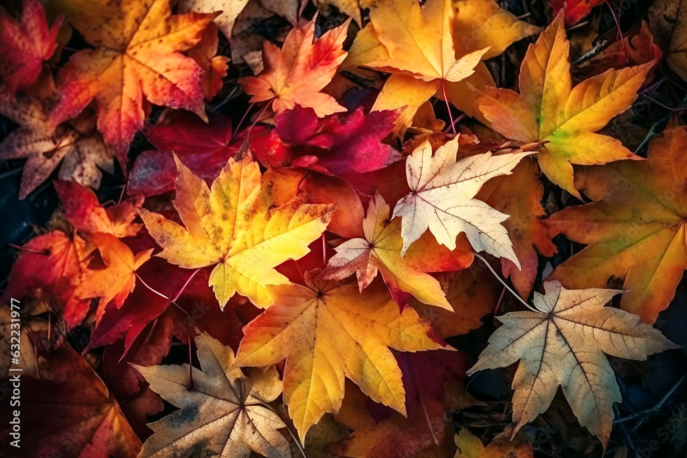 orange autumn background with fallen golden maple leaves. Generative AI orange autumn background with fallen golden maple leaves. Generative AI