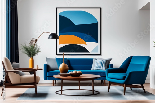 Mid-century modern living room with a blue armchair, wooden coffee table, and an extensive art canvas poster frame on a white wall. Generative IA