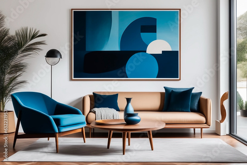 Mid-century modern living room with a blue armchair, wooden coffee table, and an extensive art canvas poster frame on a white wall. Generative IA